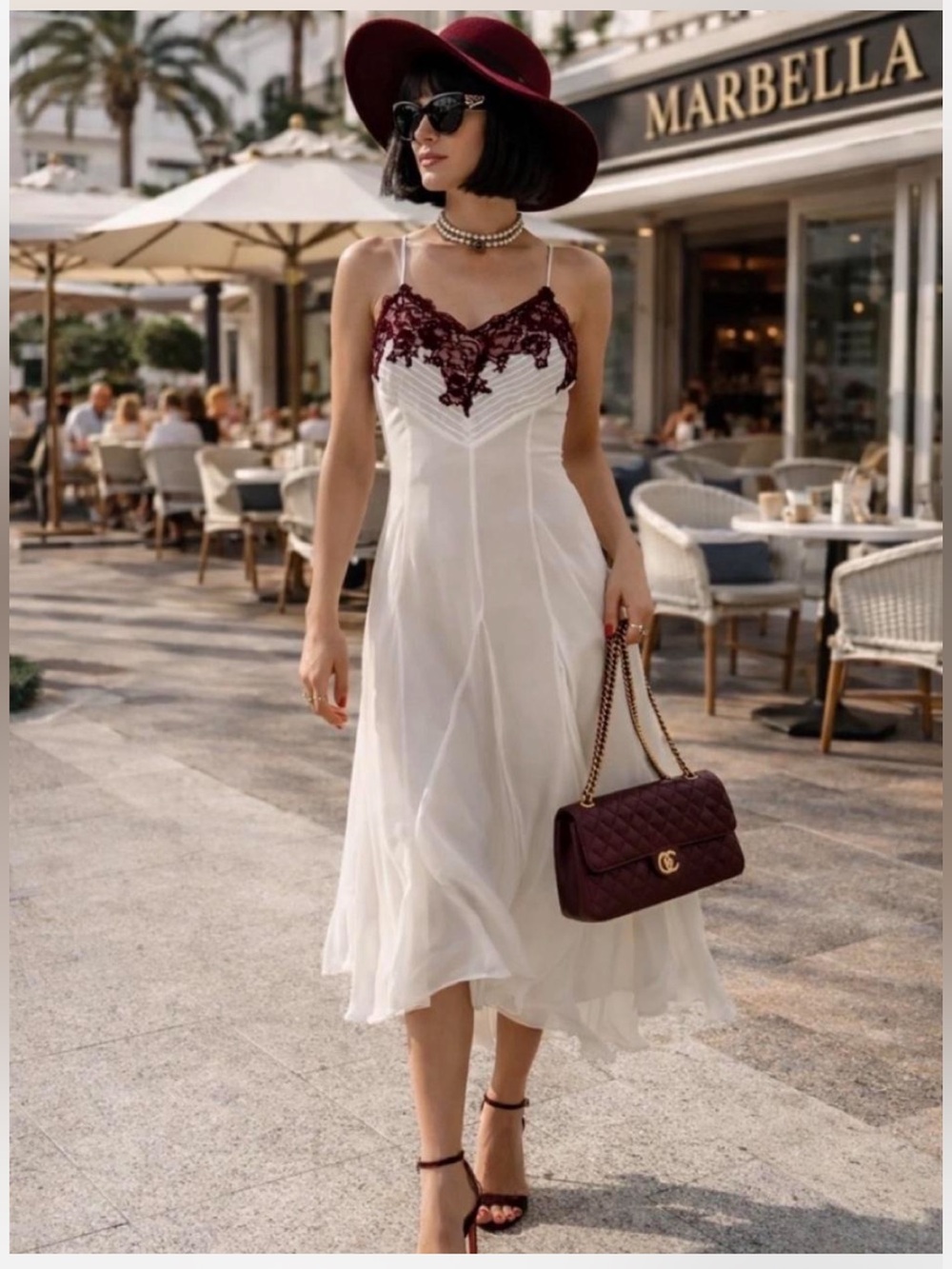 Zara White Midi Slip Dress with Burgundy Lace Accents